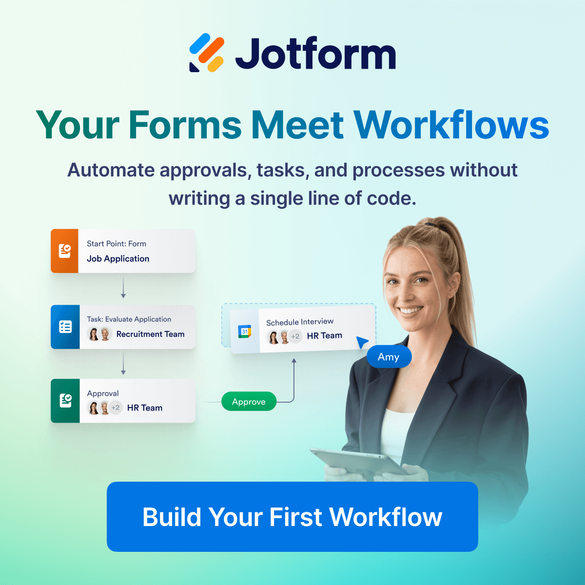 Jotform workflow banner showing a job application form moving into review, approval, and interview scheduling tasks.