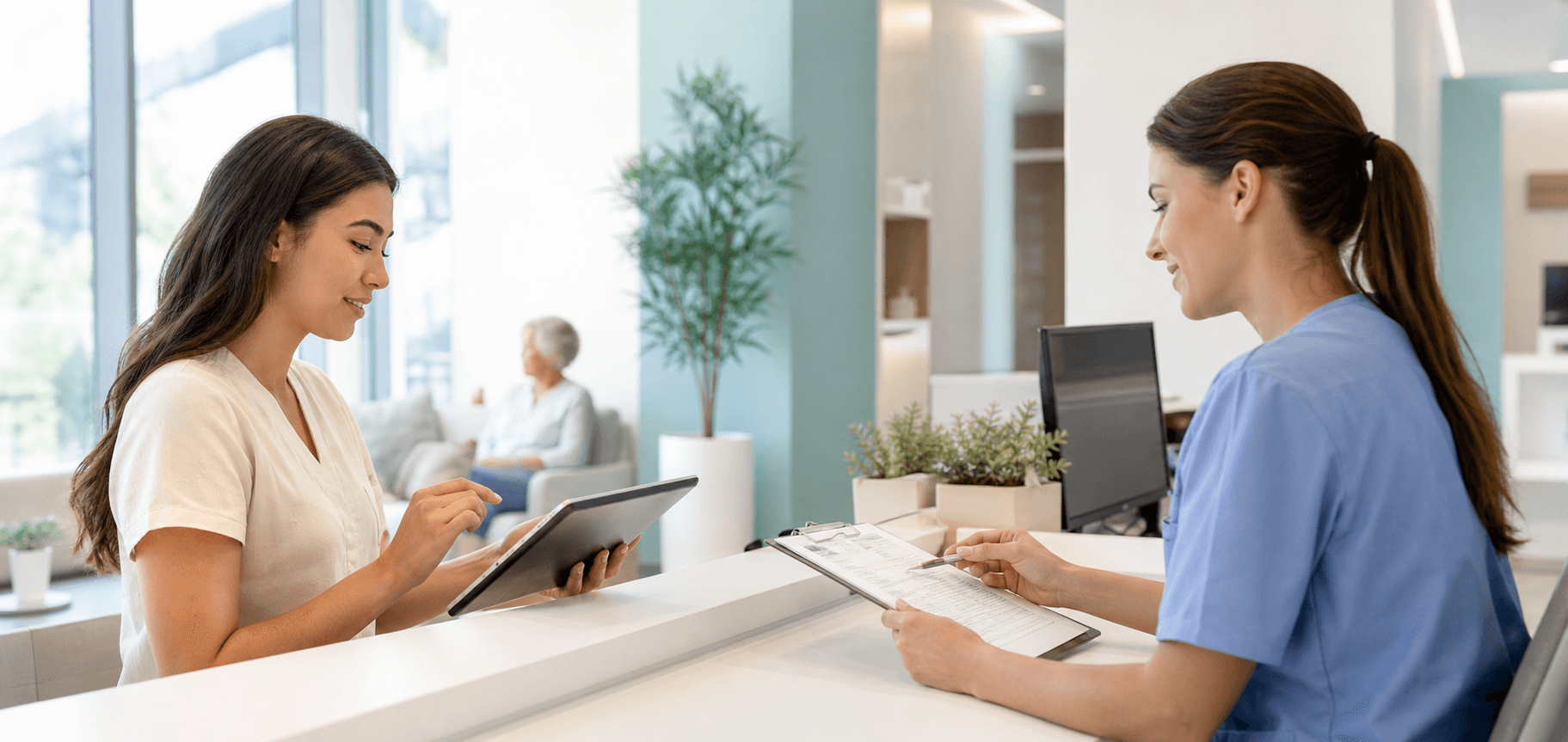 A patient reviews intake details on a tablet at a bright clinic reception desk while a healthcare administrator checks paperwork nearby.