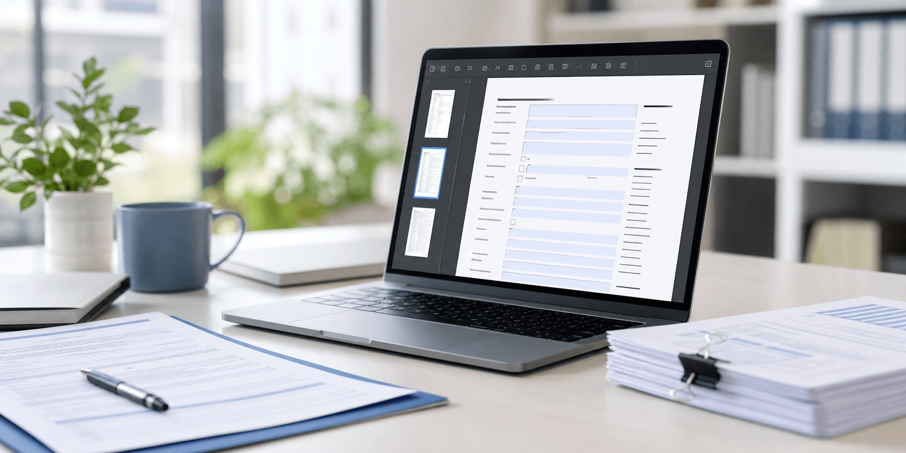 A modern office desk with a laptop displaying a polished digital PDF form layout, printed document pages nearby, and a clean blue-accented workspace.